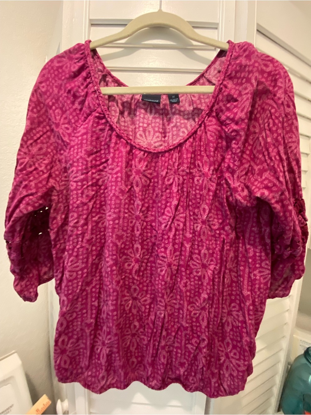 WESTBOUND Women’s “Boho 3/4 Sleeves Elastic Hem Blouse” Size Medium Fuchsia EUC